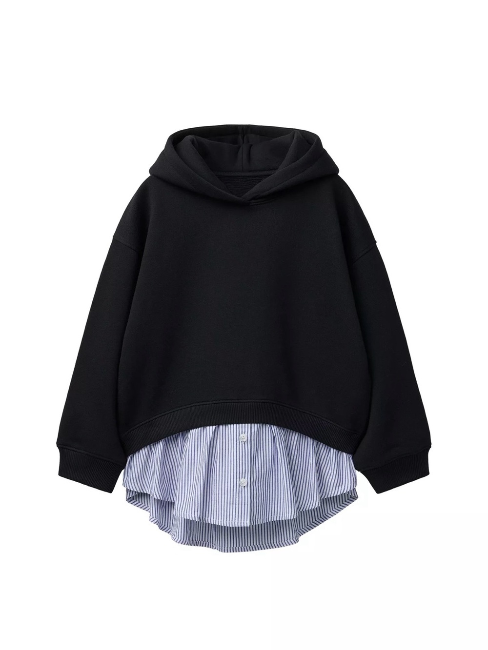 ZARA Black Layered Hoodie Top with Striped Shirt Hem 9-10 Years Girls